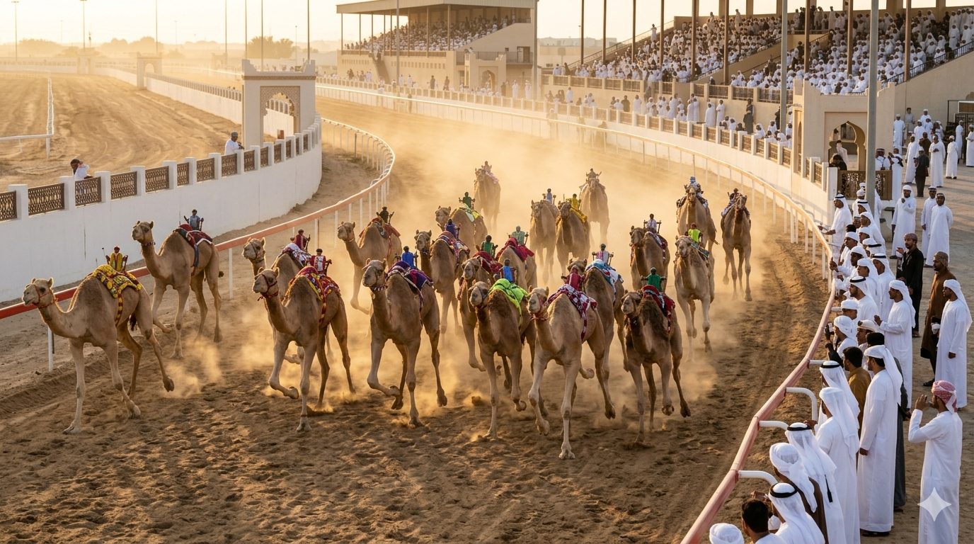 Camels racing at dawn on a Gulf racetrack, jockeys in colourful silks, dust trailing behind them with spectators along the rail.